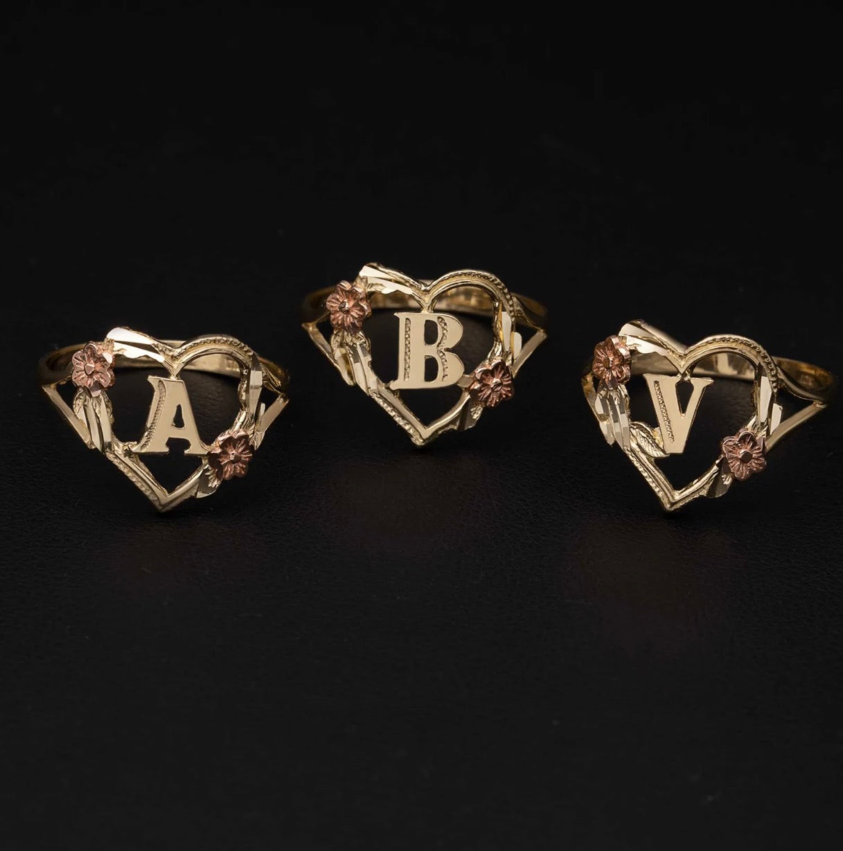 Heart Initial Rings with Flowers