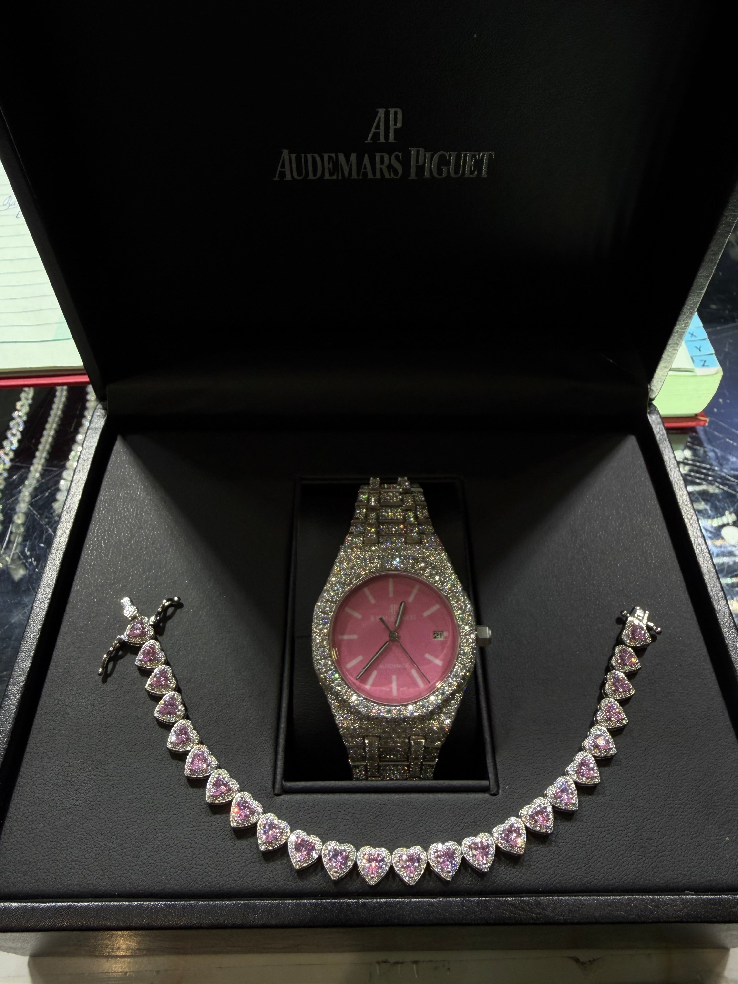Pink Audemars Piguet with Pink Hearts Bracelet Set